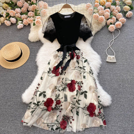 Smlinan Summer Patchwork Embroidery Floral Mesh Dress Women