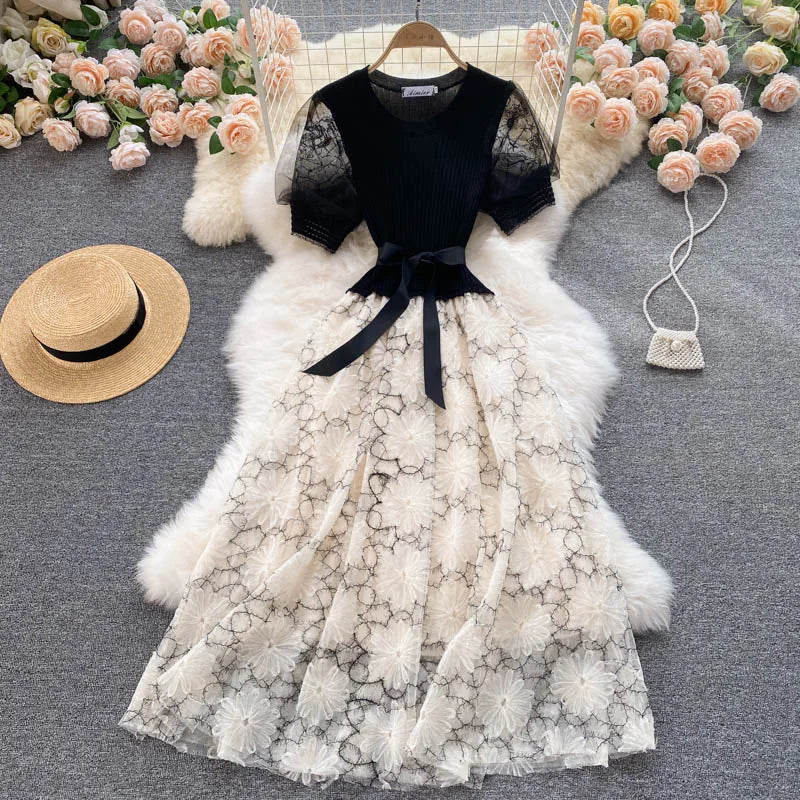 Smlinan Summer Patchwork Embroidery Floral Mesh Dress Women