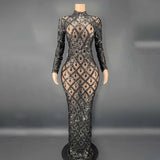Sparkly Silver Big Rhinestone Transparent Long Dress Evening