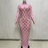 Sparkly Silver Big Rhinestone Transparent Long Dress Evening