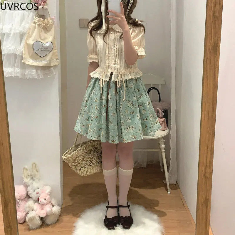 Summer Green Kawaii Mini Dress Women Sweet Ruffles