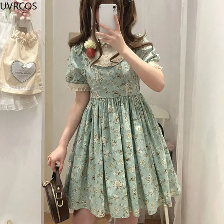 Summer Green Kawaii Mini Dress Women Sweet Ruffles