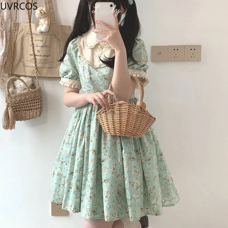 Summer Green Kawaii Mini Dress Women Sweet Ruffles