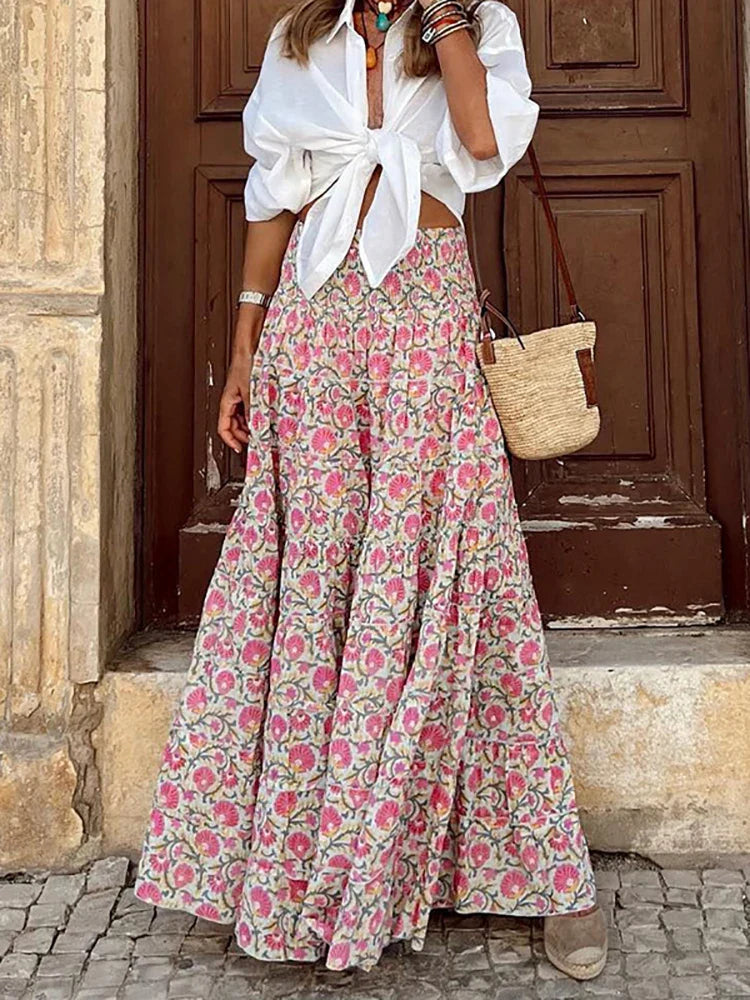Summer Long Skirts Women Boho Print Skirt Female