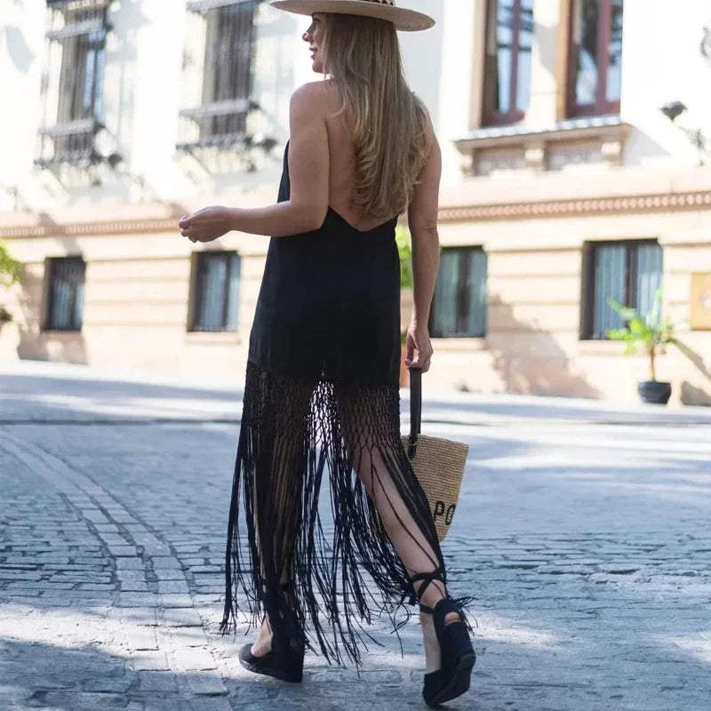 Traf Fringing Halter Dresses For Women Black Backless