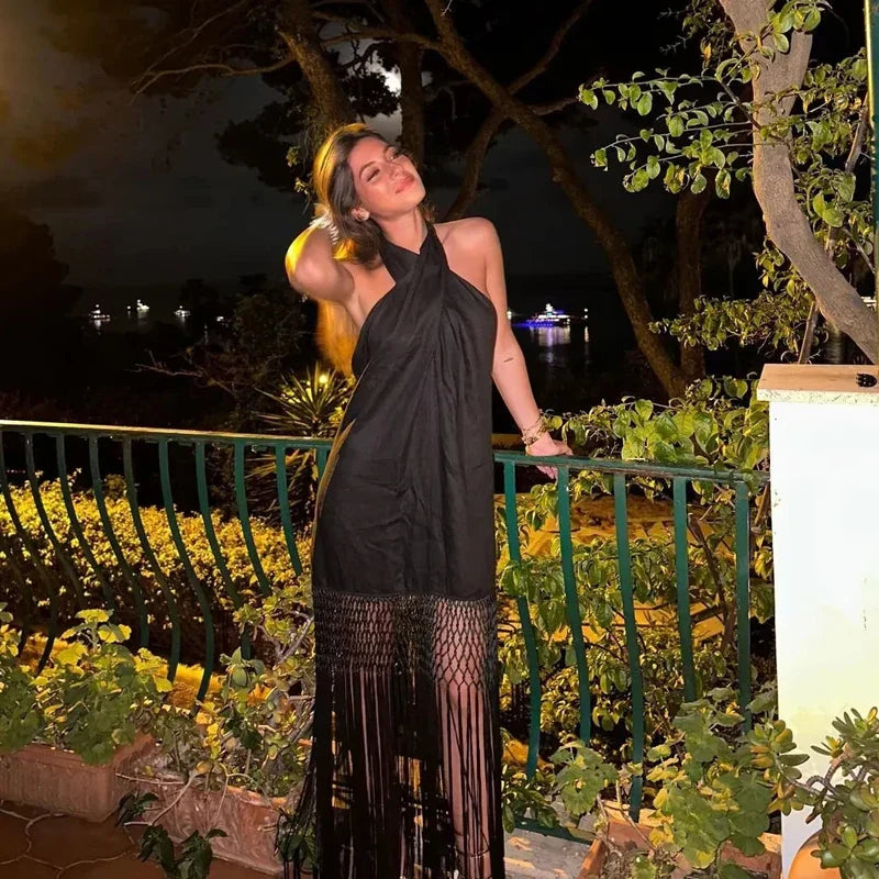 Traf Fringing Halter Dresses For Women Black Backless