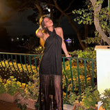 Traf Fringing Halter Dresses For Women Black Backless