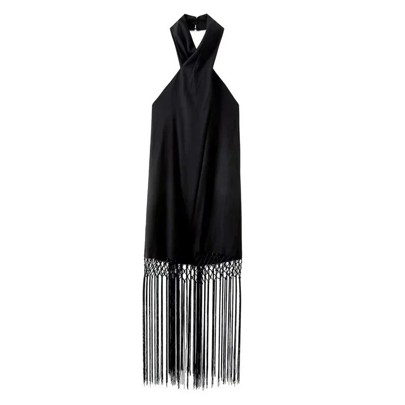 Traf Fringing Halter Dresses For Women Black Backless