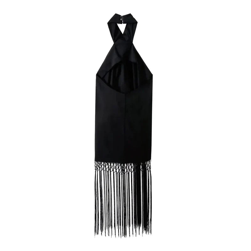 Traf Fringing Halter Dresses For Women Black Backless
