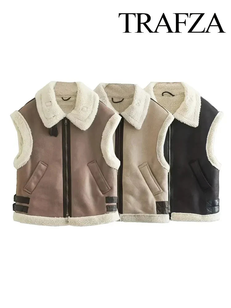 Trafza Winter Fur Vest Women Faux Sheepskin Fur