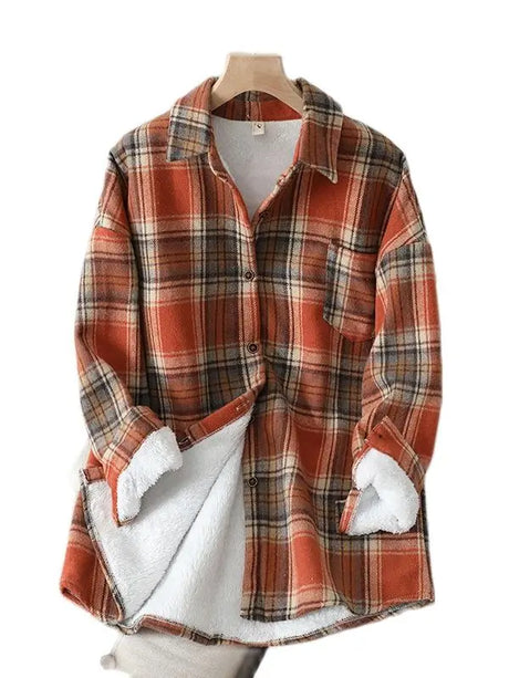 Thick Velvet Plaid Shirts Women Winter Warm Blouses