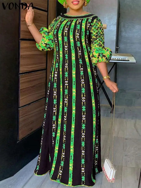 Vonda 5Xl Dress Women Long Maxi Sundress O-Neck