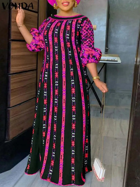 Vonda 5Xl Dress Women Long Maxi Sundress O-Neck