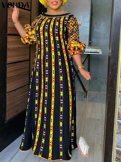 Vonda 5Xl Dress Women Long Maxi Sundress O-Neck