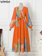 Vonda Women Dress Autumn Vintage Printed V-Neck Casual