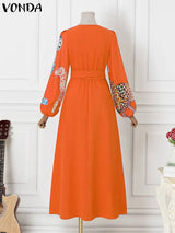 Vonda Women Dress Autumn Vintage Printed V-Neck Casual