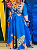 Vonda Women Dress Autumn Vintage Printed V-Neck Casual