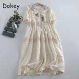 Vintage Embroidery Cotton Linen Lolita Dress Women Japan