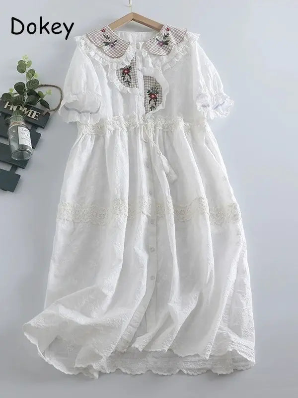Vintage Embroidery Cotton Linen Lolita Dress Women Japan