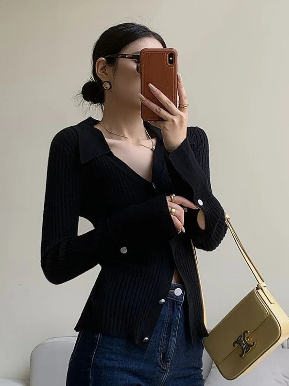 Vintage Luxury Knitted Cardigan Long Sleeve Tops Slim