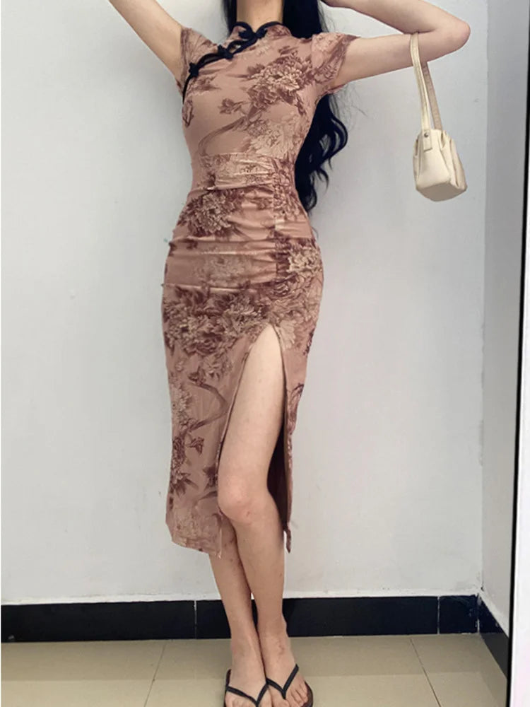 Womengaga Retro Cheongsam Summer High Slim Elegant Flower