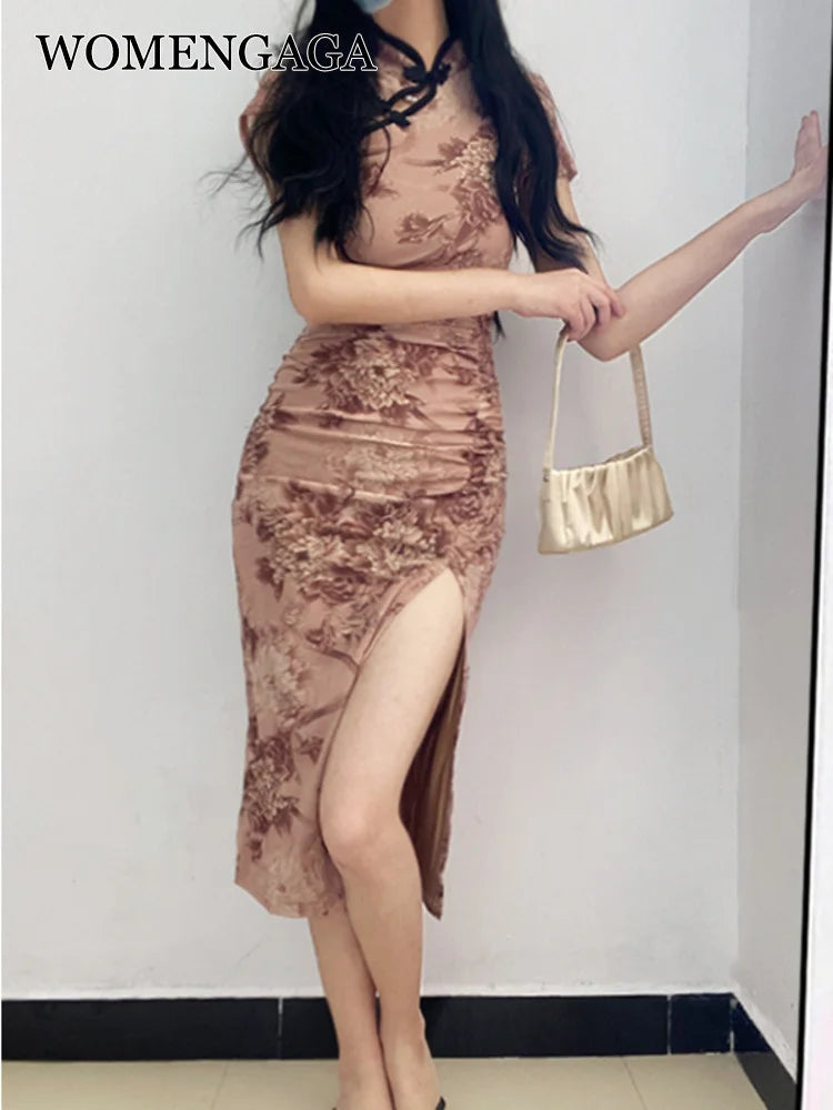 Womengaga Retro Cheongsam Summer High Slim Elegant Flower