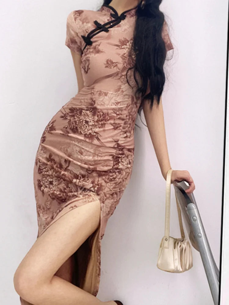 Womengaga Retro Cheongsam Summer High Slim Elegant Flower