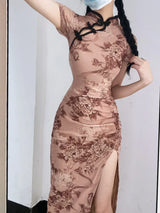 Womengaga Retro Cheongsam Summer High Slim Elegant Flower