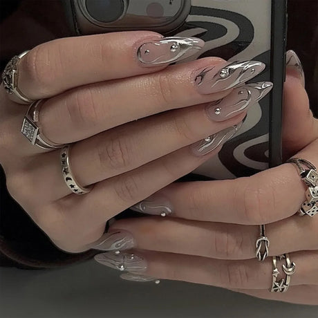 Wearable Silver Stripes Yk False Nails Long Almond