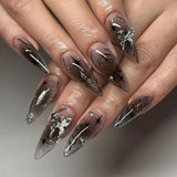 Wearable Silver Stripes Yk False Nails Long Almond