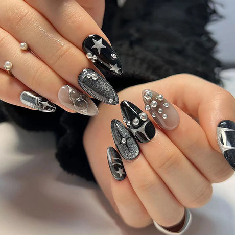 Wearable Silver Stripes Yk False Nails Long Almond