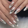 Wearable Silver Stripes Yk False Nails Long Almond