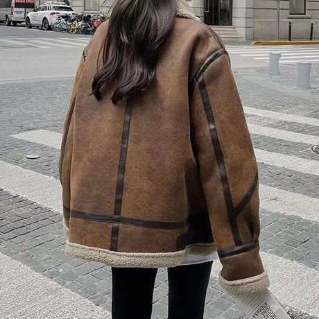 Winter Sheepskin Coat Faux Fur Suede Leather Women