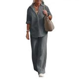 Women Autumn Linen Lapel Shirt Two Pieces Set
