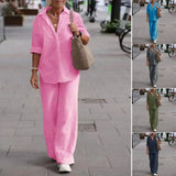 Women Autumn Linen Lapel Shirt Two Pieces Set
