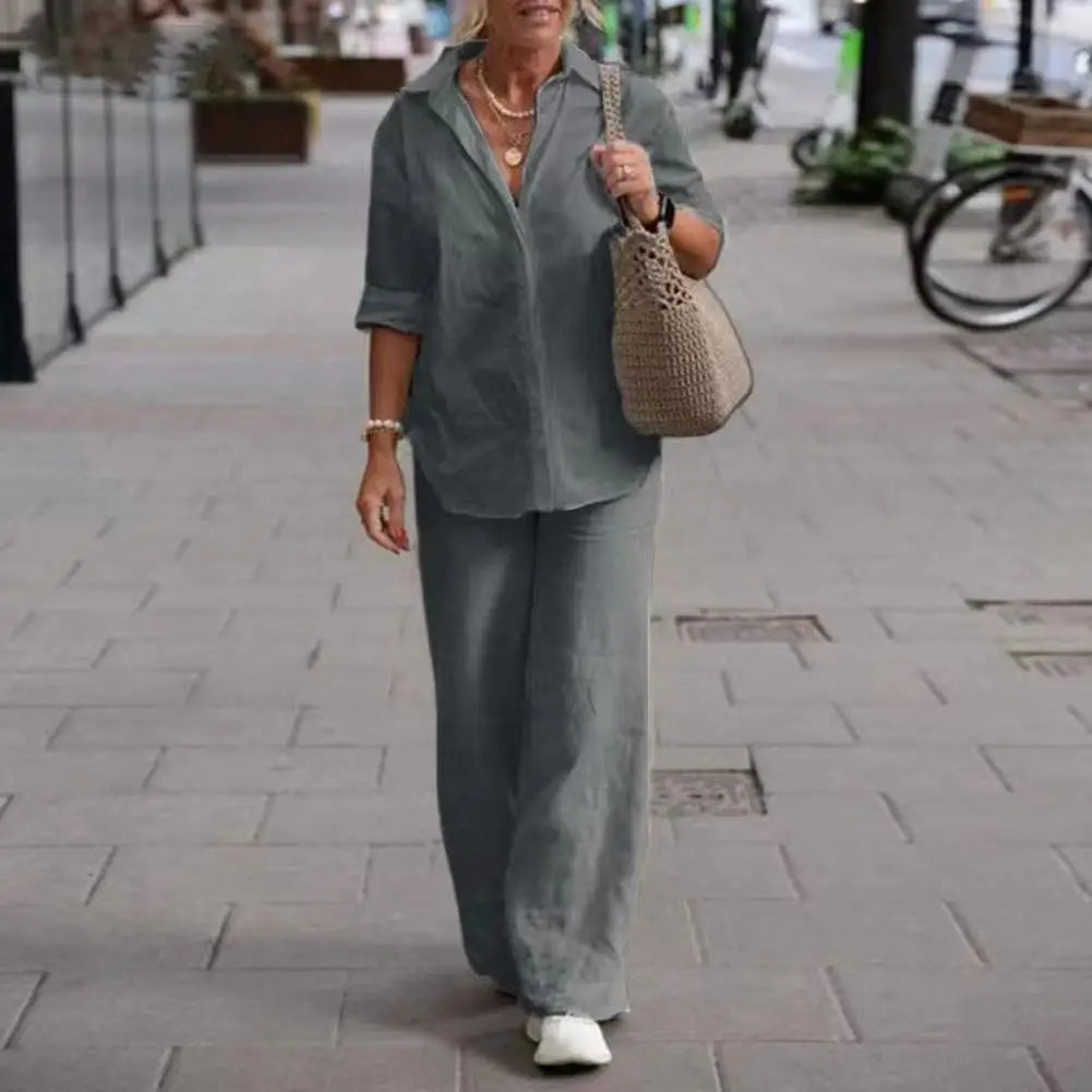 Women Autumn Linen Lapel Shirt Two Pieces Set
