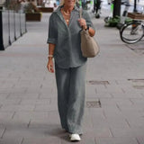Women Autumn Linen Lapel Shirt Two Pieces Set