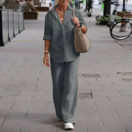 Women Autumn Linen Lapel Shirt Two Pieces Set