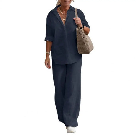 Women Autumn Linen Lapel Shirt Two Pieces Set