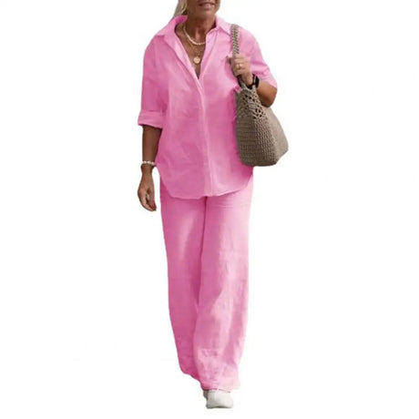 Women Autumn Linen Lapel Shirt Two Pieces Set