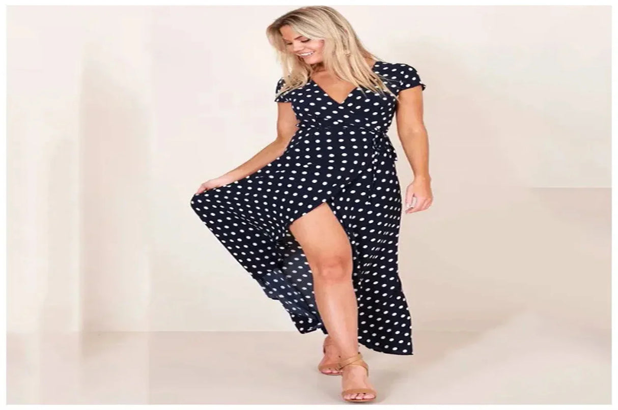 Women Long Split Dress Polka Dot Beach Dress