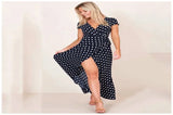 Women Long Split Dress Polka Dot Beach Dress
