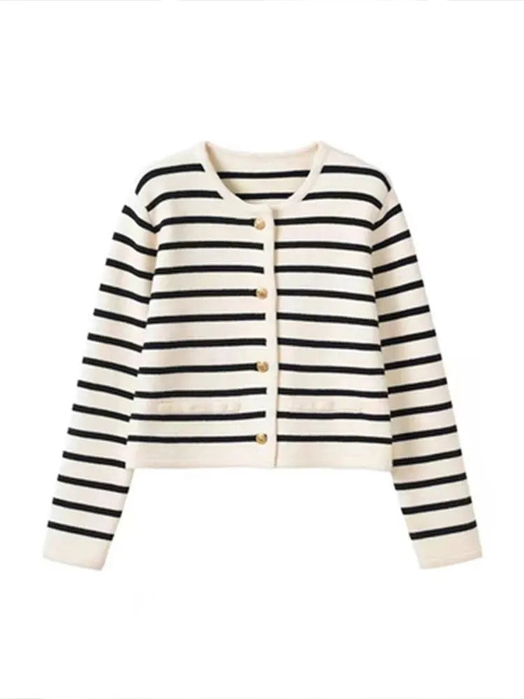 Women Spring Autumn Sweaters O-Neck Stripe Knitted Cardigan