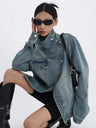 Women' Denim Coat Turtleneck Single Breasted Full Sleeve