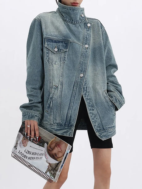 Women' Denim Coat Turtleneck Single Breasted Full Sleeve