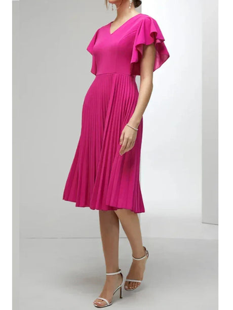 Women' Elegant Pleated A-Line Dress V-Neck Ruffle Sleeve