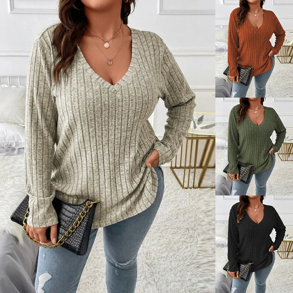 Women' Long Sleeve V Neck Solid Knit Pullover