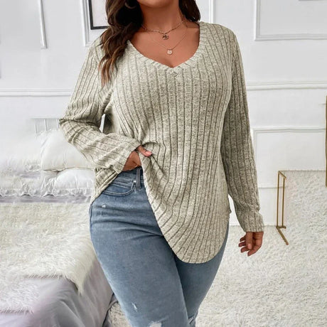 Women' Long Sleeve V Neck Solid Knit Pullover