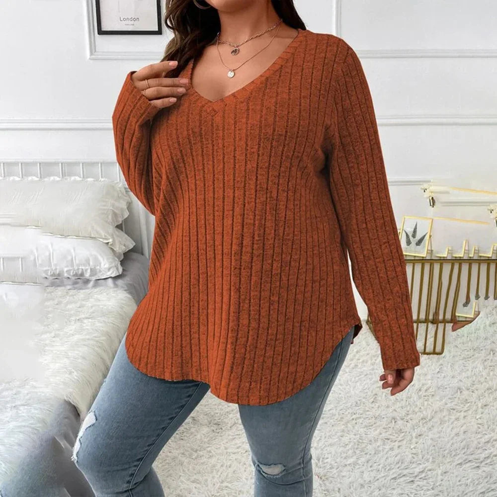 Women' Long Sleeve V Neck Solid Knit Pullover