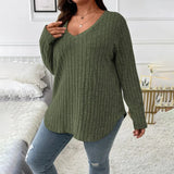 Women' Long Sleeve V Neck Solid Knit Pullover